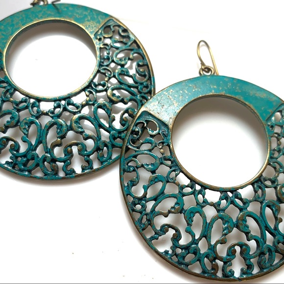 Turquoise & gold large circular dangle earrings - Picture 2 of 4